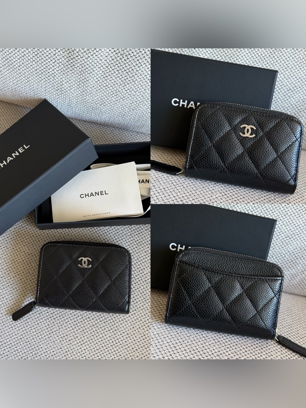 CHANEL Black Quilted Caviar Leather Zip Card Holder with Silver CC